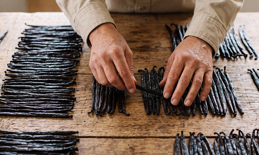 Close-up of hands sorting and grading cured vanilla pods laid out in rows on a rustic wooden table