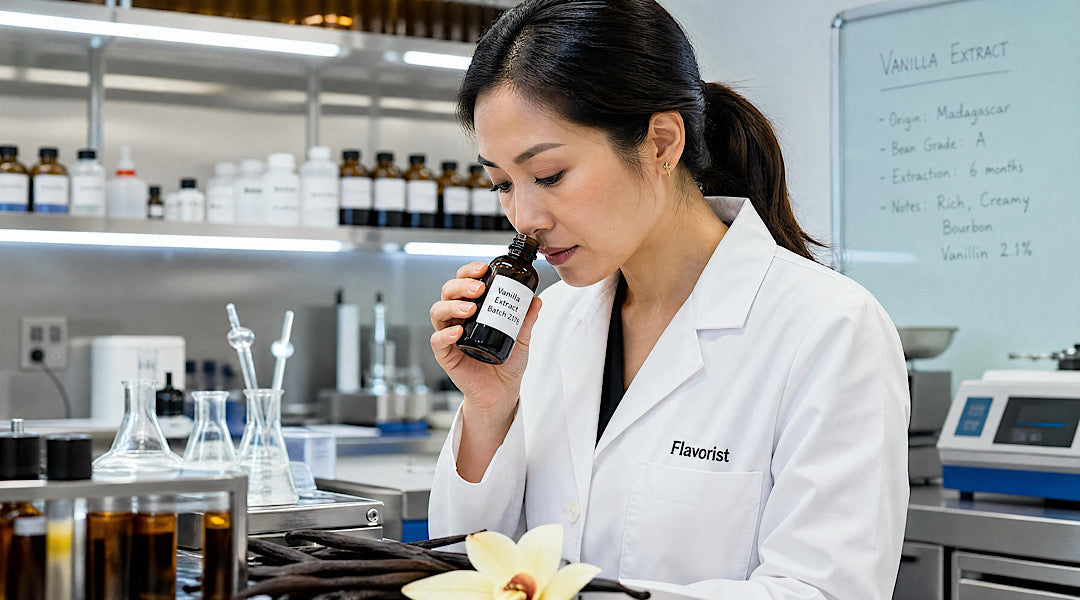 Flavorist in a lab performing sensory evaluation of Madagascar vanilla extract, illustrating vanilla chemical analysis.